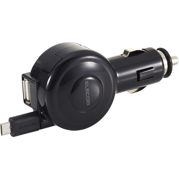 シガーチャージャー/microBリール65cm+USBポート/2.4A/ブラック