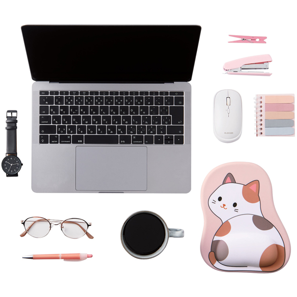 マウスパッド/モチマル/リストレスト付/振り向きアニマル柄/ネコ