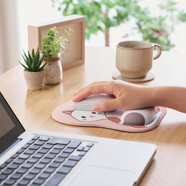 マウスパッド/モチマル/リストレスト付/振り向きアニマル柄/ネコ