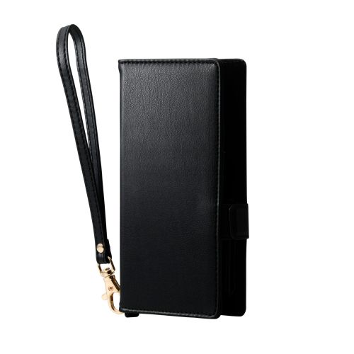 スマートフォン用マルチケース/合成皮革/横開き式/手帳型/UltraSlim/薄型/磁石付き/ハンドストラップ付/カードポケット4つ付/Sサイズ/ブラック