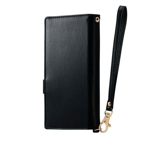 スマートフォン用マルチケース/合成皮革/横開き式/手帳型/UltraSlim/薄型/磁石付き/ハンドストラップ付/カードポケット4つ付/Lサイズ/ブラック