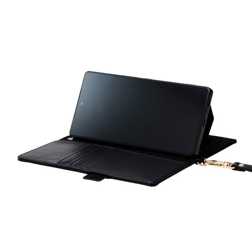 スマートフォン用マルチケース/合成皮革/横開き式/手帳型/UltraSlim/薄型/磁石付き/ハンドストラップ付/カードポケット4つ付/Lサイズ/ブラック