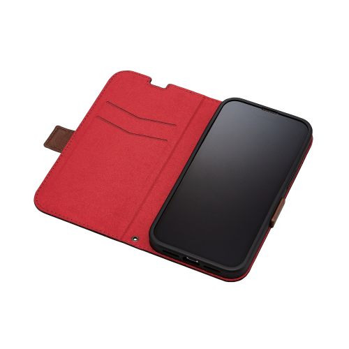 iPhone 14/iPhone 13用レザーケース/手帳型/耐衝撃/磁石付き/ステッチ/ブラック