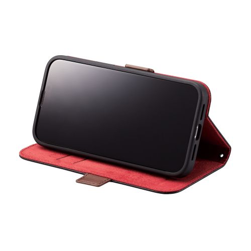 iPhone 14/iPhone 13用レザーケース/手帳型/耐衝撃/磁石付き/ステッチ/ブラック