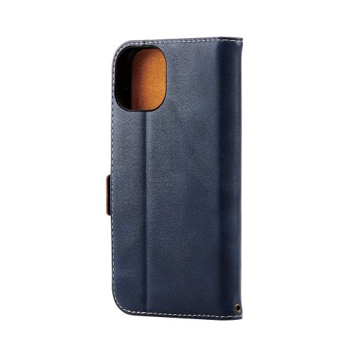 iPhone 14/iPhone 13用レザーケース/手帳型/耐衝撃/磁石付き/ステッチ/ネイビー