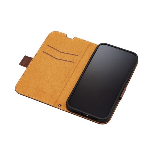 iPhone 14/iPhone 13用レザーケース/手帳型/耐衝撃/磁石付き/ステッチ/ネイビー