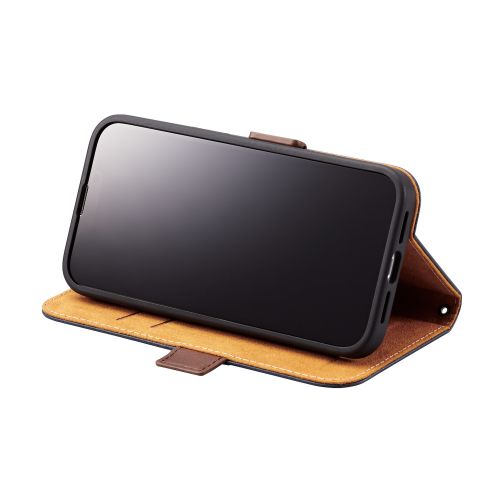 iPhone 14/iPhone 13用レザーケース/手帳型/耐衝撃/磁石付き/ステッチ/ネイビー