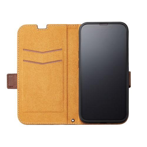 iPhone 14/iPhone 13用レザーケース/手帳型/耐衝撃/磁石付き/ステッチ/ネイビー