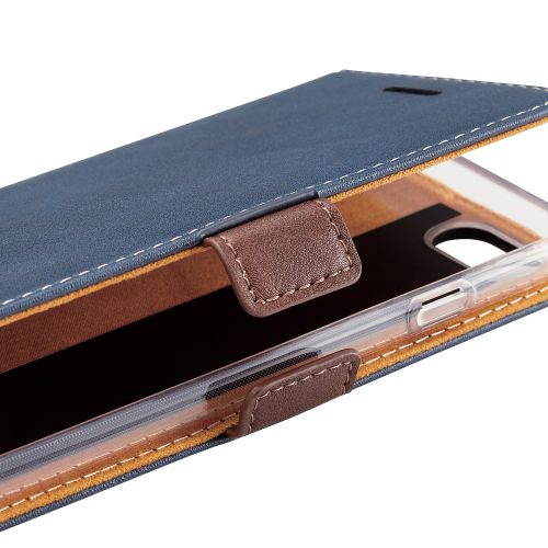 iPhone SE 第3世代/SE 第2世代/8/7用レザーケース/手帳型/耐衝撃/磁石付き/ステッチ/クリアケース/ネイビー