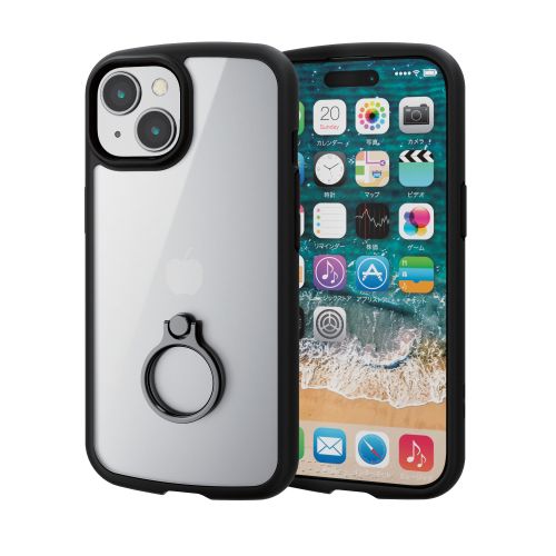 iPhone 15用ハイブリッドケース/TOUGH SLIM LITE/フレームカラー/背面クリア/リング付き/ストラップシート付属/ブラック