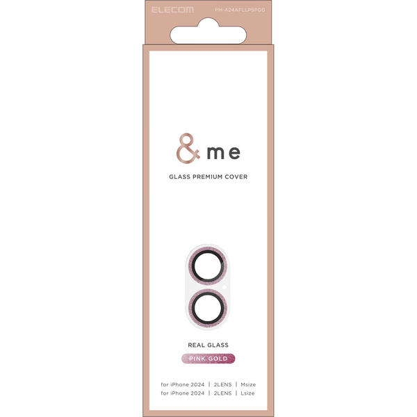 iPhone 16/iPhone 16 Plus用カメラレンズカバー/ガラス/&Me/グリッター仕様/ピンクゴールド