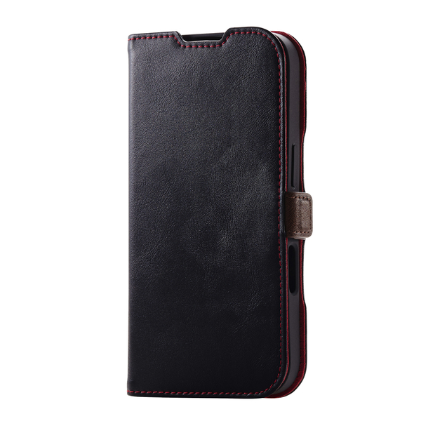 iPhone 16 Pro用レザーケース/手帳型/耐衝撃/磁石付き/ステッチ/ブラック