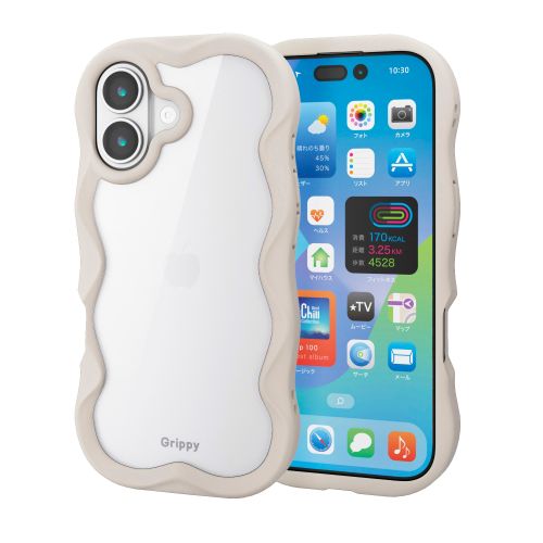 iPhone 17/ハイブリッドケース/Grippy/フレームカラー/ウェーブ/メタルステッカー付/ベージュ