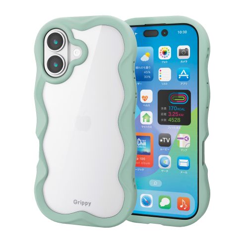 iPhone 17/ハイブリッドケース/Grippy/フレームカラー/ウェーブ/メタルステッカー付/グリーン