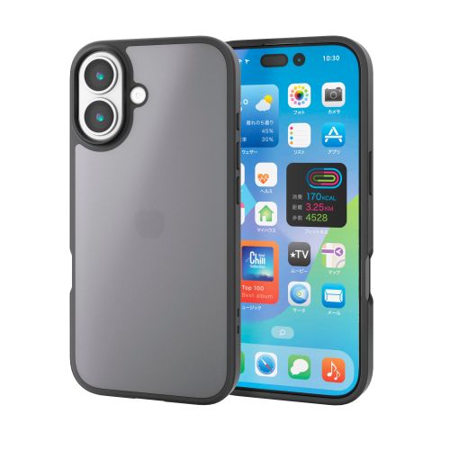 iPhone 17/ハイブリッドケース/マットブラック(ラバーコート)/メタルステッカー付/ブラック