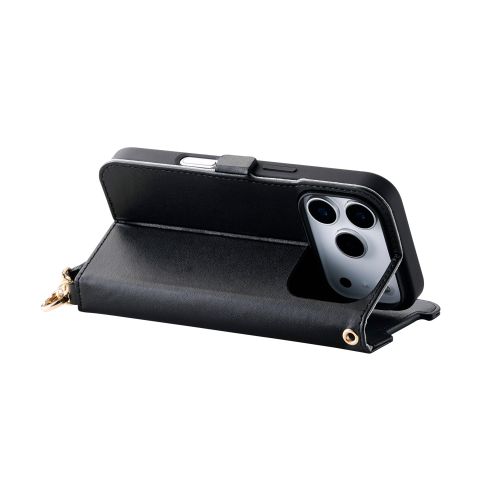 iPhone 17 Pro/手帳型ケース/磁石付/耐衝撃/ハンドストラップ付/ブラック