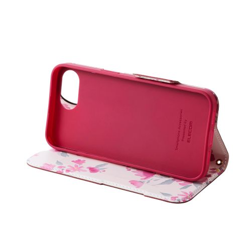 iPhone 16e/レザーケース/手帳型/UltraSlim/Flowers/薄型/磁石付き/ディープピンク