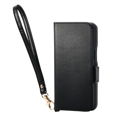 iPhone 16e/レザーケース/手帳型/耐衝撃/磁石付き/ステッチ/ハンドストラップ付/ブラック