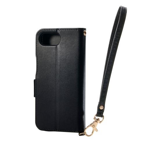 iPhone 16e/レザーケース/手帳型/耐衝撃/磁石付き/ステッチ/ハンドストラップ付/ブラック