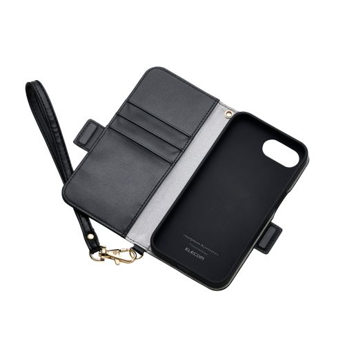 iPhone 16e/レザーケース/手帳型/耐衝撃/磁石付き/ステッチ/ハンドストラップ付/ブラック