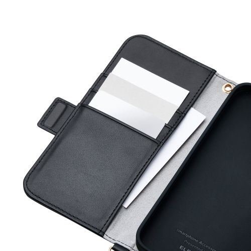 iPhone 16e/レザーケース/手帳型/耐衝撃/磁石付き/ステッチ/ハンドストラップ付/ブラック