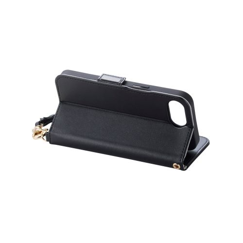 iPhone 16e/レザーケース/手帳型/耐衝撃/磁石付き/ステッチ/ハンドストラップ付/ブラック