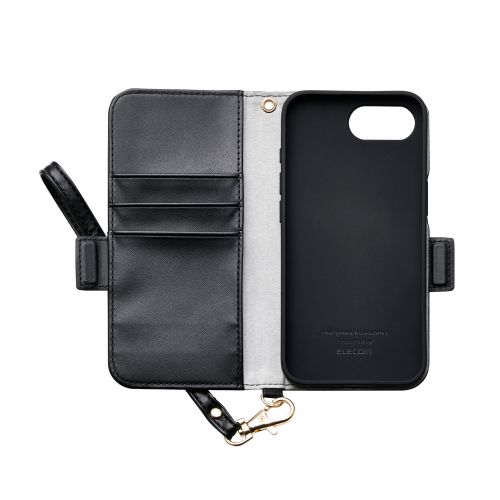 iPhone 16e/レザーケース/手帳型/耐衝撃/磁石付き/ステッチ/ハンドストラップ付/ブラック