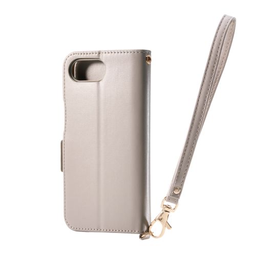 iPhone 16e/レザーケース/手帳型/耐衝撃/磁石付き/ステッチ/ハンドストラップ付/グレージュ