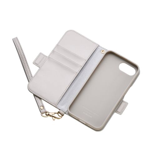 iPhone 16e/レザーケース/手帳型/耐衝撃/磁石付き/ステッチ/ハンドストラップ付/グレージュ