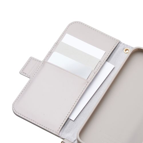 iPhone 16e/レザーケース/手帳型/耐衝撃/磁石付き/ステッチ/ハンドストラップ付/グレージュ