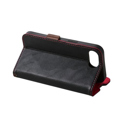 iPhone 16e/レザーケース/手帳型/耐衝撃/磁石付き/ステッチ/ブラック