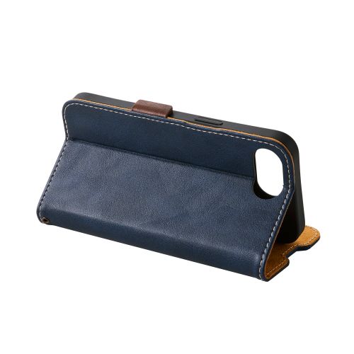 iPhone 16e/レザーケース/手帳型/耐衝撃/磁石付き/ステッチ/ネイビー