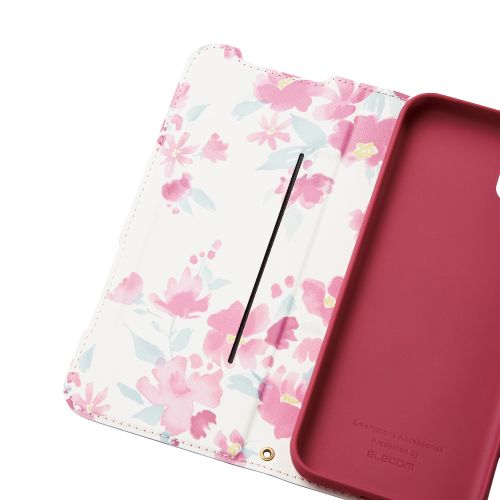 かんたんスマホ3用レザーケース/手帳型/UltraSlim/Flowers/薄型/磁石付き/ディープピンク