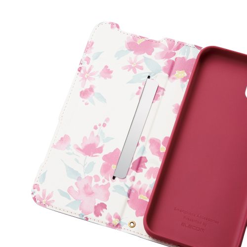 かんたんスマホ3用レザーケース/手帳型/UltraSlim/Flowers/薄型/磁石付き/ディープピンク