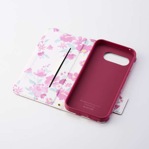 Google Pixel 9a/レザーケース/手帳型/UltraSlim/Flowers/薄型/超軽量/磁石付き/デープピンク