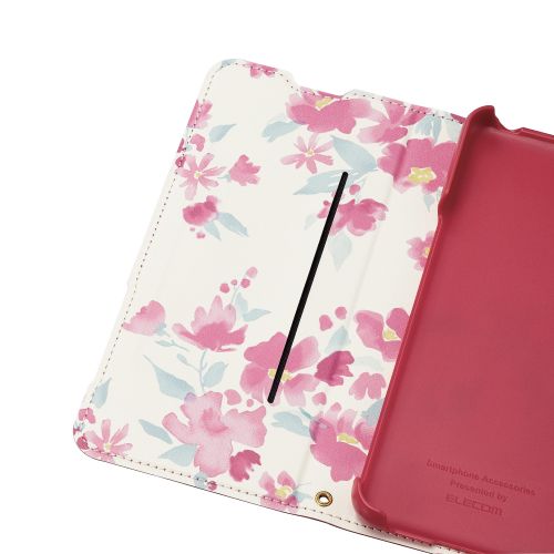 シンプルスマホ6用レザーケース/手帳型/UltraSlim/Flowers/薄型/磁石付き/ディープピンク