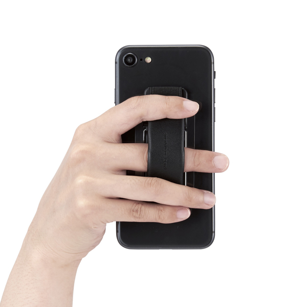 スマートフォン用ストラップ/スマホバンド/レザー/スタンド機能/ブラック