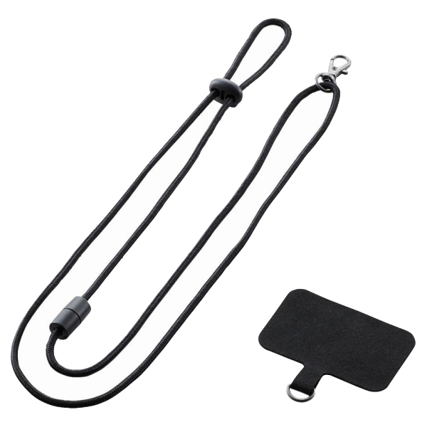 外付けストラップホール/挟み込みシート/スマホ用/ネックストラップ付き/ブラック