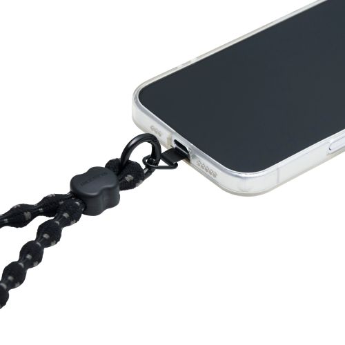スマホハンドストラップ/伸縮/こぶ紐/軽量/デザイン柄/ステンレスストラップホールシート付属(1口タイプ×1枚)/ストライプ/ブラック
