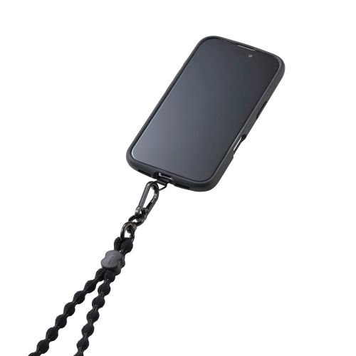 スマホショルダーストラップ/伸縮/こぶ紐/軽量/反射糸/ステンレスストラップホールシート付属(1口タイプ×1枚)/ブラック