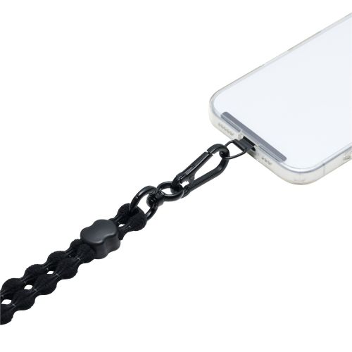 スマホショルダーストラップ/伸縮/こぶ紐/軽量/反射糸/ステンレスストラップホールシート付属(1口タイプ×1枚)/ブラック