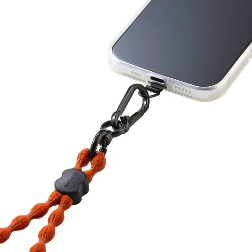 スマホショルダーストラップ/伸縮/こぶ紐/軽量/反射糸/ステンレスストラップホールシート付属(1口タイプ×1枚)/オレンジ