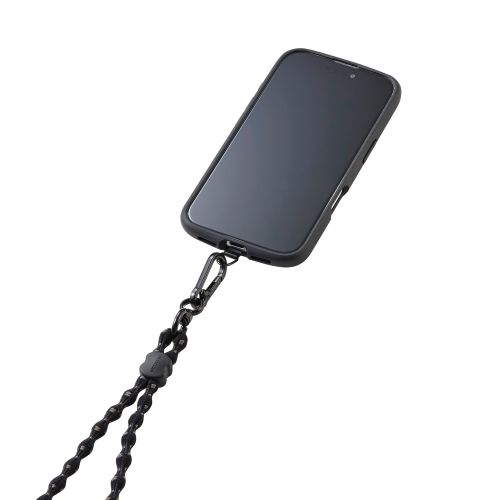 スマホショルダーストラップ/伸縮/こぶ紐/軽量/デザイン柄/ステンレスストラップホールシート付属(1口タイプ×1枚)/ストライプ/ブラック