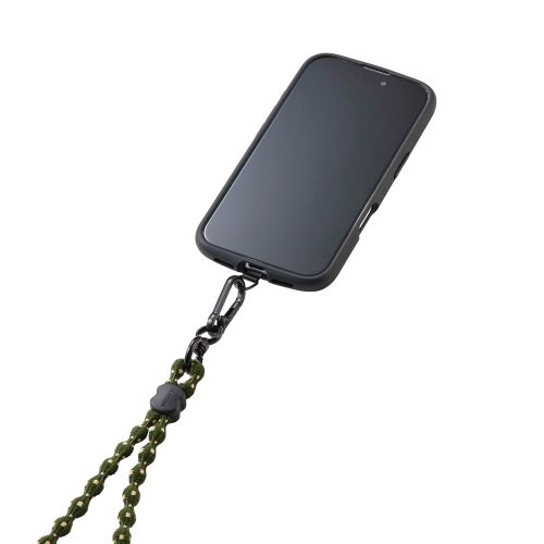 スマホショルダーストラップ/伸縮/こぶ紐/軽量/デザイン柄/ステンレスストラップホールシート付属(1口タイプ×1枚)/ストライプ/カーキ