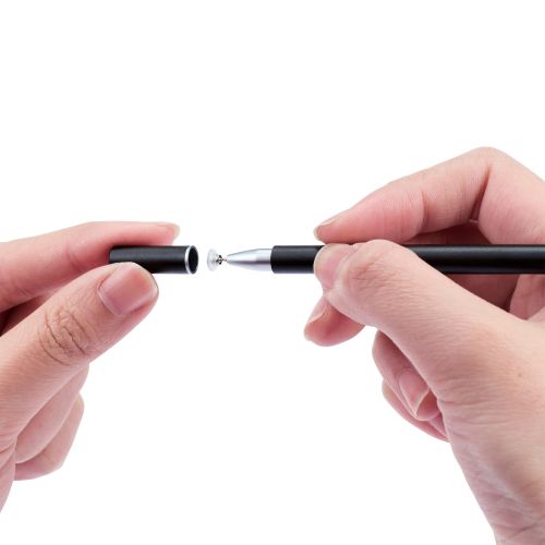 スマートフォン・タブレット用スリムタッチペン/2WAY/超感度タイプ/ディスクタイプ/マグネットキャップ付き/ブラック