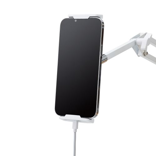 スマートフォン・タブレット用フレキシブルアームスタンド/Zアーム型/ヘッドボード取り付け可能/ホワイト