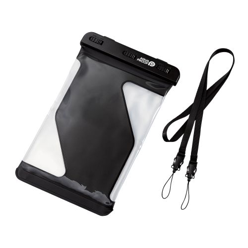 タブレット防水ケース/IPX8/ボタンの押しやすいサイドフレームレスタイプ/ネックストラップ付/7～8.3inch/ブラック