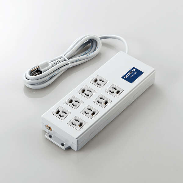 法人用タップ/ボックス型/3P8口/2m/抜け止め/一括スイッチ/雷ガード/ノイズフィルター/RoHS指令準拠/ライトグレー