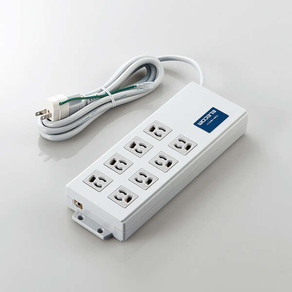 法人用タップ/ボックス型/3P8口/2m/抜け止め/一括スイッチ/雷ガード/ノイズフィルター/RoHS指令準拠/ライトグレー