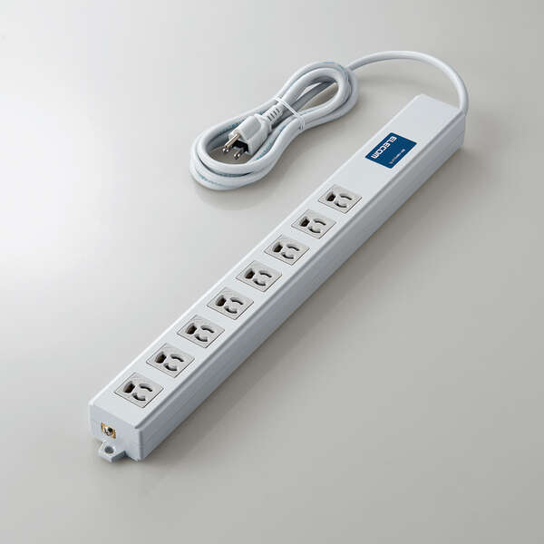 法人用タップ/ロング型/3P8口/2m/抜け止め/一括スイッチ/雷ガード/ノイズフィルター/RoHS指令準拠/ライトグレー